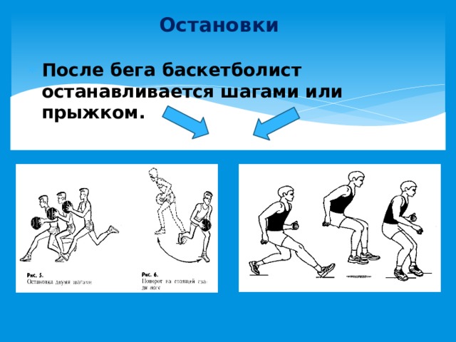 Остановки После бега баскетболист останавливается шагами или прыжком. 