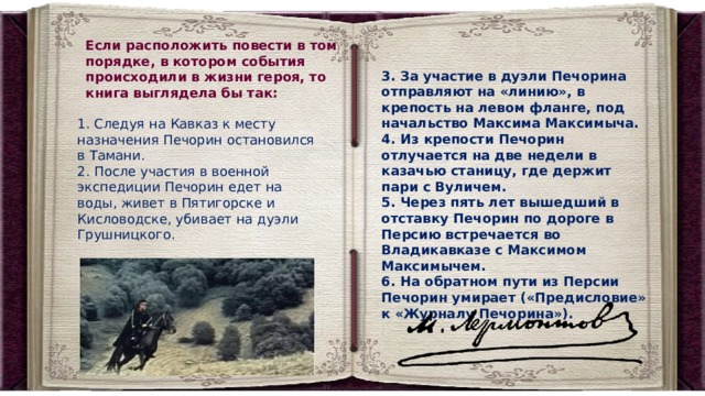 Если расположить повести в том порядке, в котором события происходили в жизни героя, то книга выглядела бы так: 3. За участие в дуэли Печорина отправляют на «линию», в крепость на левом фланге, под начальство Максима Максимыча. 4. Из крепости Печорин отлучается на две недели в казачью станицу, где держит пари с Вуличем. 5. Через пять лет вышедший в отставку Печорин по дороге в Персию встречается во Владикавказе с Максимом Максимычем. 6. На обратном пути из Персии Печорин умирает («Предисловие» к «Журналу Печорина»). 1. Следуя на Кавказ к месту назначения Печорин остановился в Тамани. 2. После участия в военной экспедиции Печорин едет на воды, живет в Пятигорске и Кисловодске, убивает на дуэли Грушницкого.  