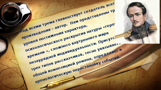 Над всеми тремя главенствует создатель всего произведения – автор.  Нам представлены три уровня постижения характера, психологического раскрытия натуры «героя времени », сложного внутреннего мира незаурядной индивидуальности. Присутствие трех типов рассказчиков, тесно увязывается с общей композицией романа, определяет и хронологическую перестановку событий. 