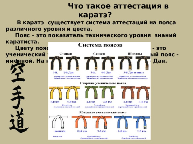  Что такое аттестация в каратэ?  В каратэ  существует система аттестаций на пояса различного уровня и цвета.  Пояс – это показатель технического уровня  знаний каратиста.  Цвету пояса соответствует кю или Дан. Кю - это ученический уровень, Дан - мастерский.  Черный пояс - именной. На нем вышито имя владельца и его Дан.  