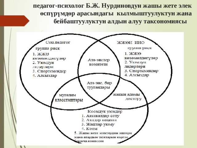 педагог-психолог Б.Ж. Нурдиновдун жашы жете элек өспүрүмдөр арасындагы кылмыштуулуктун жана бейбаштуулуктун алдын алуу таксономиясы   