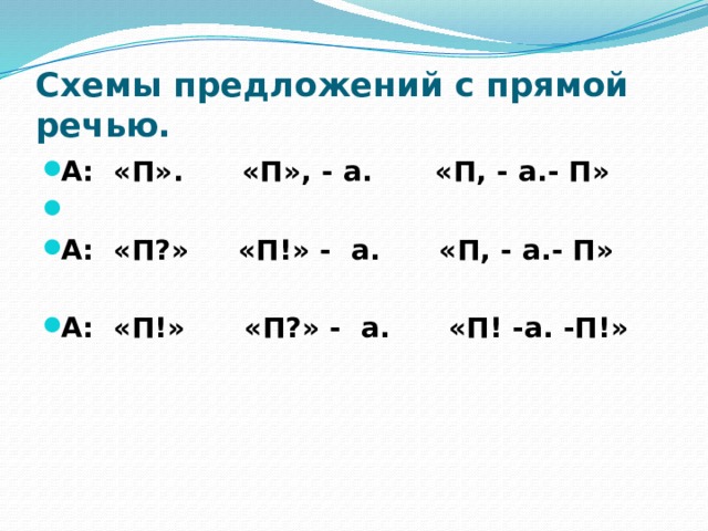 Схемы предложений с прямой речью. А: «П». «П», - а.  «П, - а.- П»  А: «П?» «П!» - а. «П, - а.- П»  А: «П!» «П?» - а. «П! -а. -П!»  