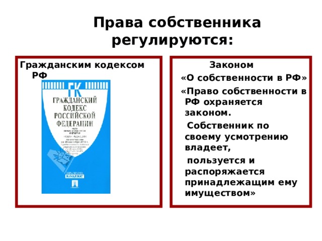 Права собственника регулируются:  Гражданским кодексом РФ  Законом  «О собственности в РФ»  «Право собственности в РФ охраняется законом.  Собственник по своему усмотрению владеет,  пользуется и распоряжается принадлежащим ему имуществом» 