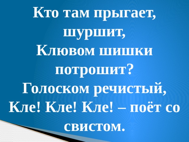 Кто там прыгает, шуршит, Клювом шишки потрошит? Голоском речистый, Кле! Кле! Кле! – поёт со свистом. 