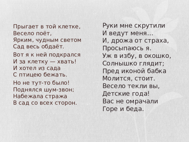 Руки мне скрутили  И ведут меня…  И, дрожа от страха,  Просыпаюсь я. Уж в избу, в окошко,  Солнышко глядит;  Пред иконой бабка  Молится, стоит. Весело текли вы,  Детские года!  Вас не омрачали  Горе и беда. Прыгает в той клетке,  Весело поёт,  Ярким, чудным светом  Сад весь обдаёт. Вот я к ней подкрался  И за клетку — хвать!  И хотел из сада  С птицею бежать. Но не тут-то было!  Поднялся шум-звон;  Набежала стража  В сад со всех сторон. 