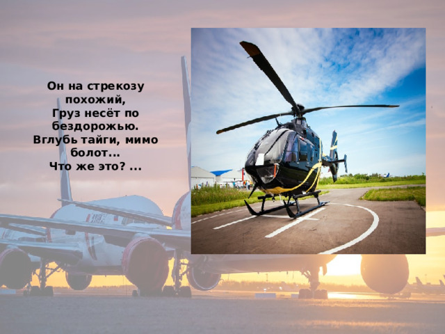 Он на стрекозу похожий,  Груз несёт по бездорожью.  Вглубь тайги, мимо болот...  Что же это? ... 