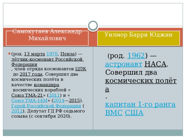 Самокутяев Александр Михайлович Уилмор Барри Юджин   (род.  13 марта   1970 ,  Пенза ) —  лётчик-космонавт Российской Федерации , член отряда космонавтов  ЦПК  до  2017 года . Совершил два космических полёта в качестве  командира  космических кораблей « Союз ТМА-21 » ( 2011 ) и « Союз ТМА-14М » ( 2014 — 2015 ).  Герой Российской Федерации  ( 2012 ). Депутат ГД РФ седьмого созыва (с сентября 2020).  ( род.  1962 ) —  астронавт   НАСА . Совершил два  космических полёта .  капитан 1-го ранга   ВМС   США 