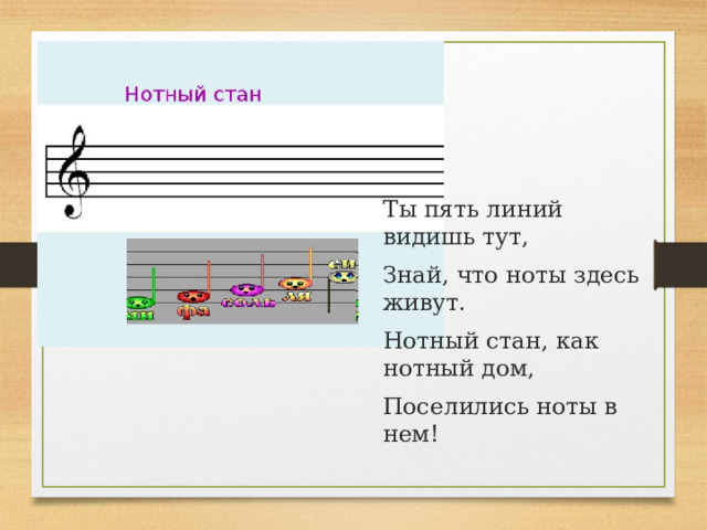 Ты пять линий видишь тут, Знай, что ноты здесь живут. Нотный стан, как нотный дом, Поселились ноты в нем! 