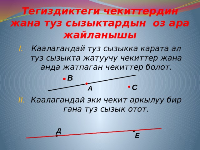 Тегиздиктеги чекиттердин жана туз сызыктардын оз ара жайланышы Каалагандай туз сызыкка карата ал туз сызыкта жатуучу чекиттер жана анда жатпаган чекиттер болот.   Каалагандай эки чекит аркылуу бир гана туз сызык отот. В С  А Д E 