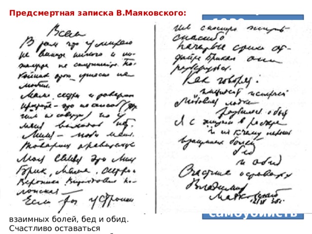 Предсмертная записка В.Маяковского:   «ВСЕМ  В том что умираю не вините никого и пожалуйста не сплетничайте.  Покойник этого ужасно не любил.  Мама сестры и товарищи простите – это не способ (другим не советую)  но у меня выходов нет.   Лиля – люби меня.   Товарищ правительство, моя семья – это Лиля Брик, мама, сестры и Вероника Витольдовна Полонская. –  Если ты устроишь им сносную жизнь – спасибо.  Начатые стихи отдайте Брикам они разберутся.  Как говорят – «инцидент исперчен», любовная лодка разбилась о быт  Я с жизнью в расчете и не к чему перечень взаимных болей, бед и обид.  Счастливо оставаться  ВЛАДИМИР МАЯКОВСКИЙ.  12/4-30 года.     14 апреля 1930 года в Москве в квартире 12 дома № 3 по Лубянскому проезду было найдено тело поэта Владимира Маяковского. Причиной смерти стало самоубийство. 