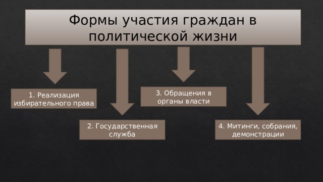 Формы участия граждан в политической жизни 3. Обращения в органы власти 1. Реализация избирательного права 2. Государственная служба 4. Митинги, собрания, демонстрации 