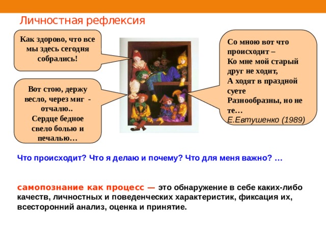 Личностная рефлексия Со мною вот что происходит – Как здорово, что все мы здесь сегодня собрались! Ко мне мой старый друг не ходит, А ходят в праздной суете Разнообразны, но не те… Е.Евтушенко (1989) Вот стою, держу весло, через миг - отчалю.. Сердце бедное свело болью и печалью… Что происходит? Что я делаю и почему? Что для меня важно? …   самопознание  как процесс —  это обнаружение в себе каких-либо качеств, личностных и поведенческих характеристик, фиксация их, всесторонний анализ, оценка и принятие. 