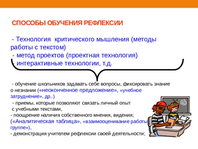 СПОСОБЫ ОБУЧЕНИЯ РЕФЛЕКСИИ  - Технология критического мышления (методы работы с текстом)  - метод проектов (проектная технология)  - интерактивные технологии, т.д.  - обучение школьников задавать себе вопросы, фиксировать знание о незнании ( «неоконченное предложение», «учебное затруднение», др..)  - приемы, которые позволяют связать личный опыт  с учебными текстами, - поощрение наличия собственного мнения, видения; («Аналитическая таблица», «взаимооценивание работы в группе»), - демонстрация учителем рефлексии своей деятельности; 