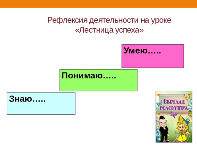 Рефлексия деятельности на уроке  «Лестница успеха» Умею….. Понимаю….. Знаю….. 