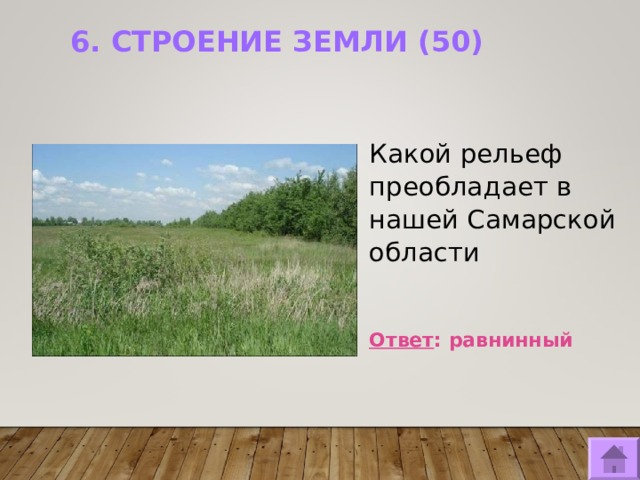 6. СТРОЕНИЕ ЗЕМЛИ (50)   Какой рельеф преобладает в нашей Самарской области  Ответ : равнинный  