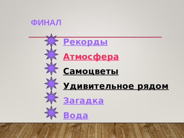 ФИНАЛ Рекорды Атмосфера Самоцветы Удивительное рядом Загадка Вода 