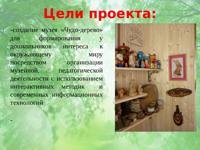 Цели проекта: - создание музея «Чудо-дерево» для формирования у дошкольников интереса к окружающему миру посредством организации музейной, педагогической деятельности с использованием интерактивных методик и современных информационных технологий - 
