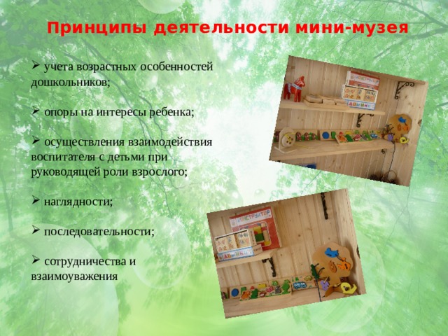  П ринципы деятельности мини-музея  учета возрастных особенностей дошкольников;    опоры на интересы ребенка;    осуществления взаимодействия воспитателя с детьми при руководящей роли взрослого;    наглядности;    последовательности;    сотрудничества и взаимоуважения 