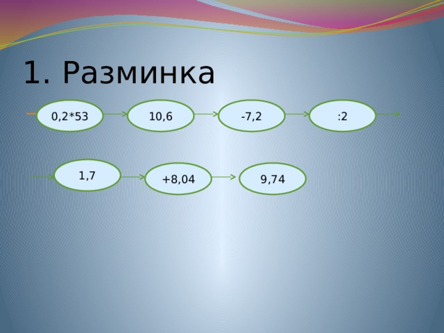 1. Разминка  0,2*53 10,6 :2 -7,2 1,7 +8,04 9,74 