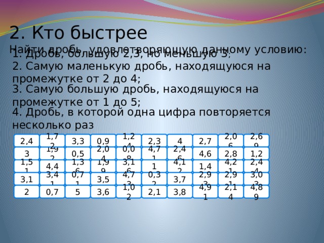 2. Кто быстрее  Найти дробь, удовлетворяющую данному условию:       1. Дробь, большую 2,3, но меньшую 3 ; 2. Самую маленькую дробь, находящуюся на промежутке от 2 до 4; 3. Самую большую дробь, находящуюся на промежутке от 1 до 5; 4. Дробь, в которой одна цифра повторяется несколько раз 2,3 2,06 2,7 4 2,69 1,24 0,9 2,4 1,72 3,3 3 1,92 0,5 2,04 4,71 2,46 4,6 2,8 1,2 0,08 4,12 2,44 4,21 1,4 1,36 1 4,4 1,51 1,99 3,16 0,32 3,03 2,91 3,7 2,93 4,73 3,5 0,71 3,41 3,1 2 0,7 5 3,6 1,02 2,1 3,8 4,91 2,14 4,89 