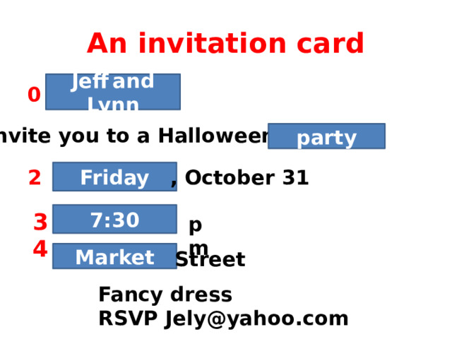 An invitation card Jeff  and  Lynn 0 Invite you to a Halloween 1 party Friday 2 , October 31 3 7:30 4 pm Market Street Fancy dress RSVP Jely@yahoo.com 