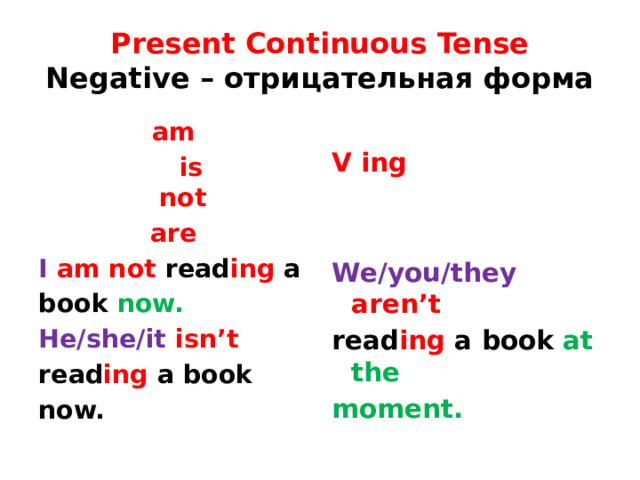 Present Continuous Tense  Negative – отрицательная форма am  is not V ing  are I am not read ing a  book now. We/you/they aren’t He/she/it isn’t read ing a book at the moment. read ing a book now.  