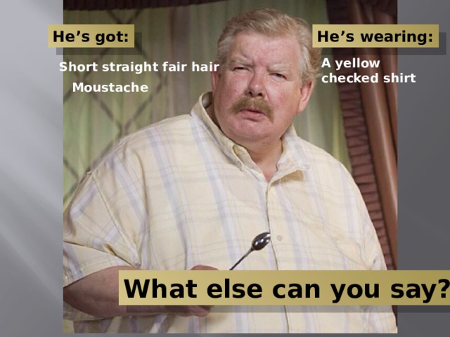 He’s got: He’s wearing: A yellow checked shirt Short straight fair hair Moustache What else can you say? 