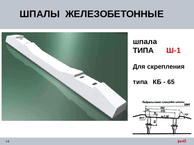 ШПАЛЫ ЖЕЛЕЗОБЕТОННЫЕ шпала ТИПА Ш-1  Для скрепления типа КБ - 65 