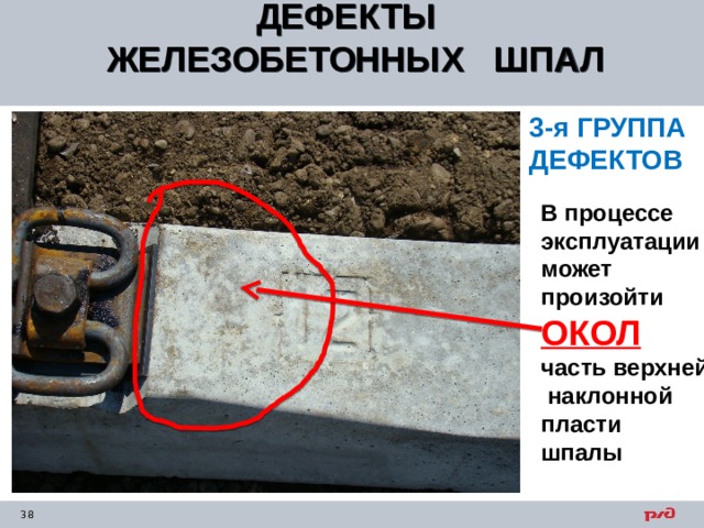 ДЕФЕКТЫ ЖЕЛЕЗОБЕТОННЫХ ШПАЛ  3-я ГРУППА ДЕФЕКТОВ В процессе эксплуатации может произойти ОКОЛ часть верхней наклонной пласти шпалы 