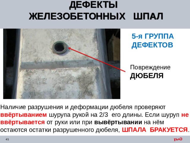 ДЕФЕКТЫ ЖЕЛЕЗОБЕТОННЫХ ШПАЛ  5-я ГРУППА ДЕФЕКТОВ Повреждение ДЮБЕЛЯ Наличие разрушения и деформации дюбеля проверяют ввёртыванием шурупа рукой на 2/3 его длины. Если шуруп не ввёртывается от руки или при вывёртывании на нём остаются остатки разрушенного дюбеля, ШПАЛА БРАКУЕТСЯ . 
