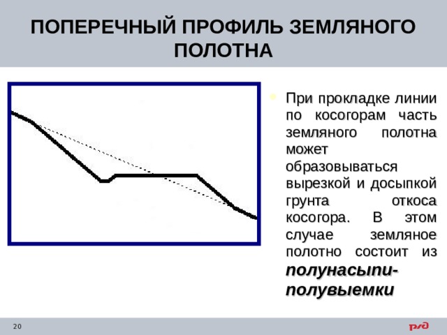ПОПЕРЕЧНЫЙ ПРОФИЛЬ ЗЕМЛЯНОГО ПОЛОТНА При прокладке линии по косогорам часть земляного полотна может образовываться вырезкой и досыпкой грунта откоса косогора . В этом случае земляное полотно состоит из  полунасыпи-полувыемки 