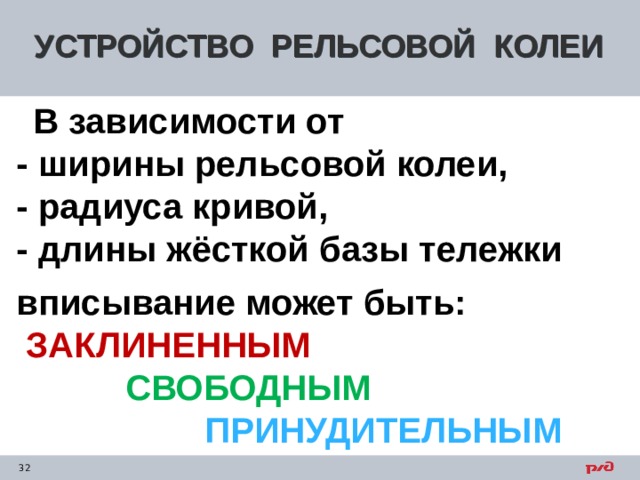УСТРОЙСТВО РЕЛЬСОВОЙ КОЛЕИ  В зависимости от  - ширины рельсовой колеи,  - радиуса кривой,  - длины жёсткой базы тележки  вписывание может быть:  ЗАКЛИНЕННЫМ  СВОБОДНЫМ  ПРИНУДИТЕЛЬНЫМ     