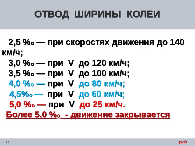 ОТВОД ШИРИНЫ КОЛЕИ   2,5 % о — при скоростях движения до 140 км/ч;  3,0 % о — при V до 120 км/ч;  3,5 % о — при V до 100 км/ч;  4,0 % о — при V до 80 км/ч;  4,5% о — при V до 60 км/ч;    5,0 % о — при V до 25 км/ч. Более 5,0 % о - движение закрывается 
