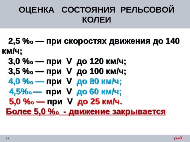 ОЦЕНКА СОСТОЯНИЯ РЕЛЬСОВОЙ КОЛЕИ    2,5 % о — при скоростях движения до 140 км/ч;  3,0 % о — при V до 120 км/ч;  3,5 % о — при V до 100 км/ч;  4,0 % о — при V до 80 км/ч;  4,5% о — при V до 60 км/ч;    5,0 % о — при V до 25 км/ч. Более 5,0 % о - движение закрывается 
