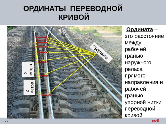 2 метра  2 метра Ординаты ОРДИНАТЫ ПЕРЕВОДНОЙ КРИВОЙ  Ордината – это расстояние между рабочей гранью наружного рельса прямого направления и рабочей гранью упорной нитки переводной кривой. 