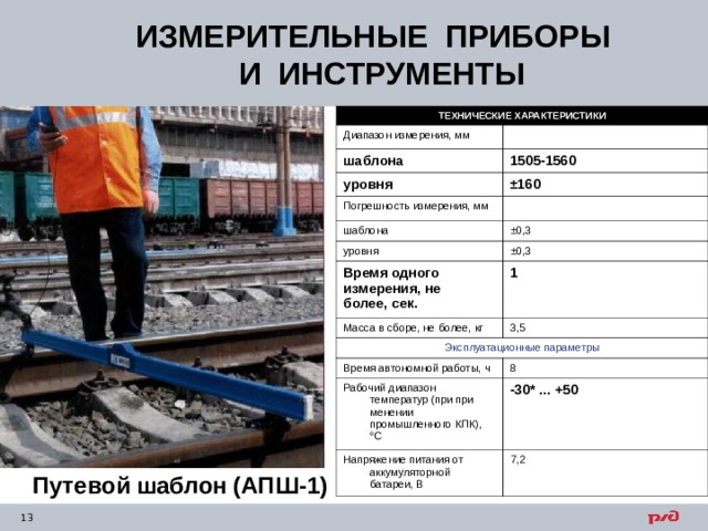ИЗМЕРИТЕЛЬНЫЕ ПРИБОРЫ  И ИНСТРУМЕНТЫ ТЕХНИЧЕСКИЕ ХАРАКТЕРИСТИКИ Диапазон измерения, мм шаблона 1505-1560 уровня ±160 Погрешность измерения, мм шаблона ±0,3 уровня ±0,3 Время одного измерения, не более, сек. 1 Масса в сборе, не более, кг 3,5 Эксплуатационные параметры Время автономной работы, ч 8 Рабочий диапазон температур (при при­менении промышленного КПК), °С -30* ... +50 Напряжение питания от аккумуляторной батареи, В 7,2 Путевой шаблон (АПШ-1) 