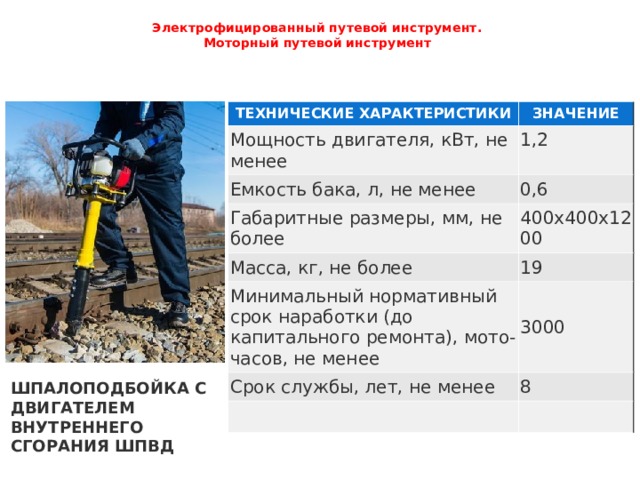 Электрофицированный путевой инструмент.  Моторный путевой инструмент   ТЕХНИЧЕСКИЕ ХАРАКТЕРИСТИКИ ЗНАЧЕНИЕ Мощность двигателя, кВт, не менее 1,2 Емкость бака, л, не менее Габаритные размеры, мм, не более 0,6 400x400x1200 Масса, кг, не более 19 Минимальный нормативный срок наработки (до капитального ремонта), мото-часов, не менее 3000 Срок службы, лет, не менее 8 ШПАЛОПОДБОЙКА С ДВИГАТЕЛЕМ ВНУТРЕННЕГО СГОРАНИЯ ШПВД 