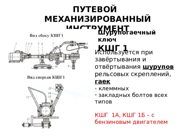 ПУТЕВОЙ МЕХАНИЗИРОВАННЫЙ ИНСТРУМЕНТ Шурупогаечный ключ КШГ 1 Используется при завёртывания и отвёртывания шурупов  рельсовых скреплений, гаек - клеммных  закладных болтов всех типов КШГ 1А, КШГ 1Б – с бензиновым двигателем  