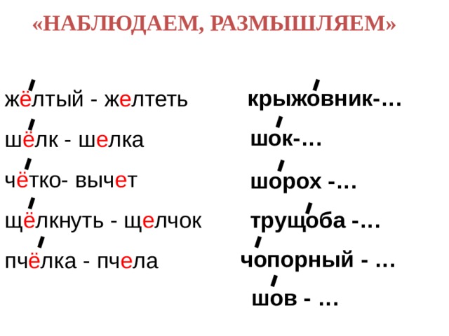«НАБЛЮДАЕМ, РАЗМЫШЛЯЕМ» ж ё лтый - ж е лтеть  ш ё лк - ш е лка  ч ё тко- выч е т  щ ё лкнуть - щ е лчок  пч ё лка - пч е ла крыжовник-… шок-… шорох -… трущоба -… чопорный - … шов - … 