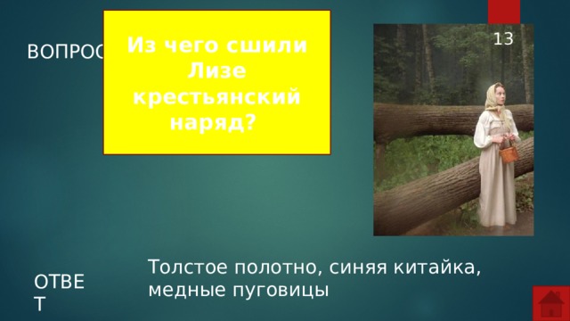 Из чего сшили Лизе крестьянский наряд?  ВОПРОС Толстое полотно, синяя китайка, медные пуговицы ОТВЕТ  