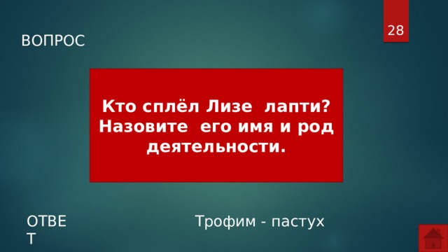  ВОПРОС Кто сплёл Лизе лапти? Назовите его имя и род деятельности. ОТВЕТ Трофим - пастух  
