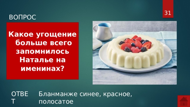  ВОПРОС Какое угощение больше всего запомнилось Наталье на именинах? ОТВЕТ Бланманже синее, красное, полосатое  