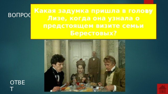 Какая задумка пришла в голову Лизе, когда она узнала о предстоящем визите семьи Берестовых?  ВОПРОС ОТВЕТ  