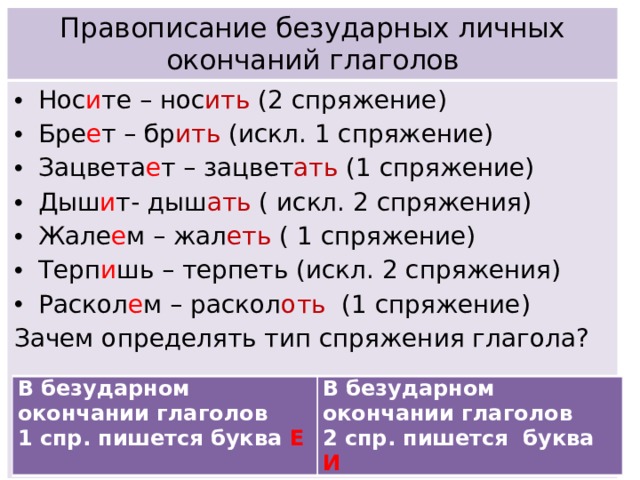 Правописание безударных личных окончаний глаголов Нос и те – нос ить  (2 спряжение) Бре е т – бр ить (искл. 1 спряжение) Зацвета е т – зацвет ать (1 спряжение) Дыш и т- дыш ать ( искл. 2 спряжения) Жале е м – жал еть ( 1 спряжение) Терп и шь – терпеть (искл. 2 спряжения) Раскол е м – раскол оть (1 спряжение) Зачем определять тип спряжения глагола? В безударном окончании глаголов 1 спр. пишется буква Е В безударном окончании глаголов 2 спр. пишется буква И 