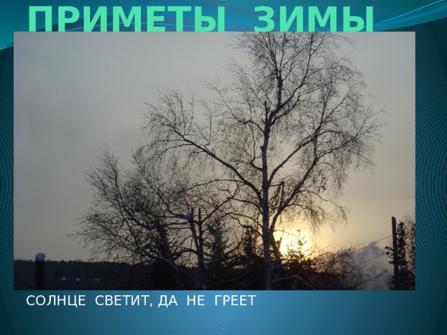 ПРИМЕТЫ ЗИМЫ СОЛНЦЕ СВЕТИТ, ДА НЕ ГРЕЕТ 