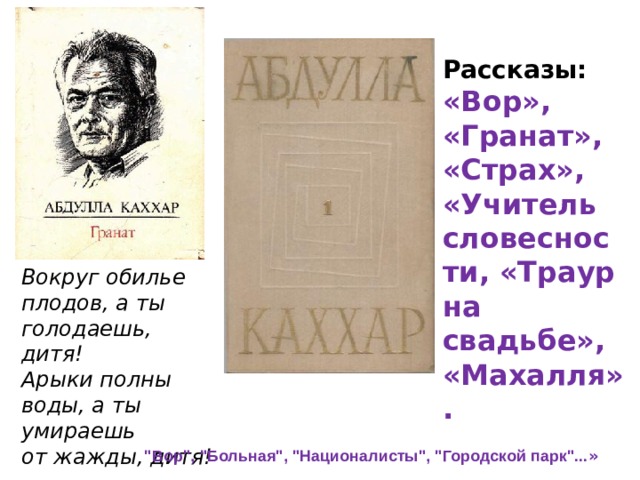Рассказы: «Вор», «Гранат», «Страх», «Учитель словесности, «Траур на свадьбе», «Махалля».   Вокруг обилье плодов, а ты голодаешь, дитя! Арыки полны воды, а ты умираешь от жажды, дитя! -  