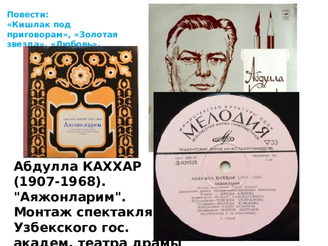 Повести: «Кишлак под приговорам», «Золотая звезда», «Любовь».   Абдулла КАХХАР (1907-1968). 