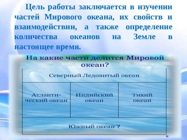 Цель работы заключается в изучении частей Мирового океана, их свойств и взаимодействии, а также определение количества океанов на Земле в настоящее время. Целью работы, которую мы перед собой поставили, заключается в изучении частей Мирового океана, их свойств и взаимодействии, а также определение количества океанов на Земле в настоящее время.  