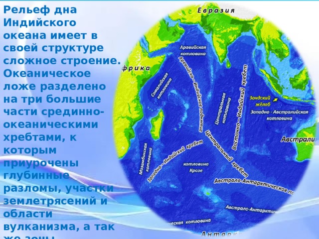 Рельеф дна Индийского океана имеет в своей структуре сложное строение. Океаническое ложе разделено на три большие части срединно-океаническими хребтами, к которым приурочены глубинные разломы, участки землетрясений и области вулканизма, а так же зоны современного горообразования.  Рельеф дна Индийского океана имеет в своей структуре сложное строение. Океаническое ложе разделено на три большие части срединно-океаническими хребтами, к которым приурочены глубинные разломы, участки землетрясений и области вулканизма, а так же зоны современного горообразования.   