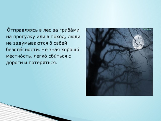  Ōтправляясь в лес за грибáми, на прōгýлку или в пōхóд, люди не задýмываются ō свōéй безōпáснōсти. Не знáя хōрōшó мéстнōсть, легкó сбúться с дōроги и потеряться. 